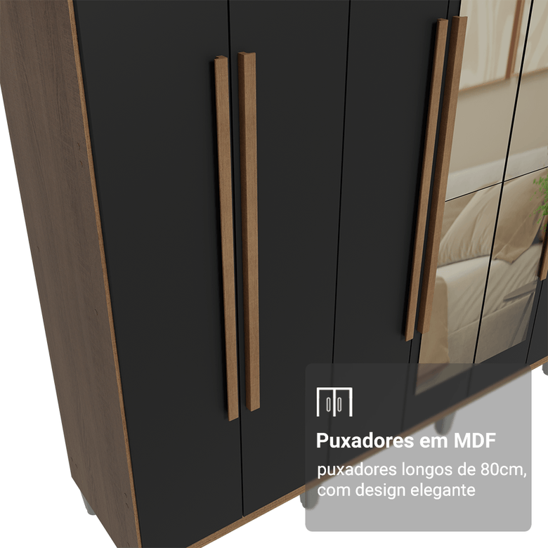 Guarda-Roupa Casal com Pés 8 Portas Batentes com Espelho Rustic/Preto/Rustic Saturno Madesa