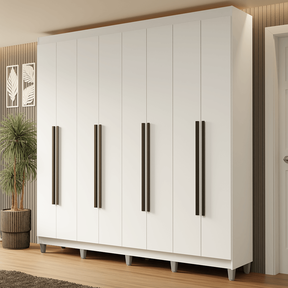 Guarda-Roupa Casal com Pés 8 Portas Batentes Branco/Branco/Preto Netuno Madesa - Branco/Branco/Preto