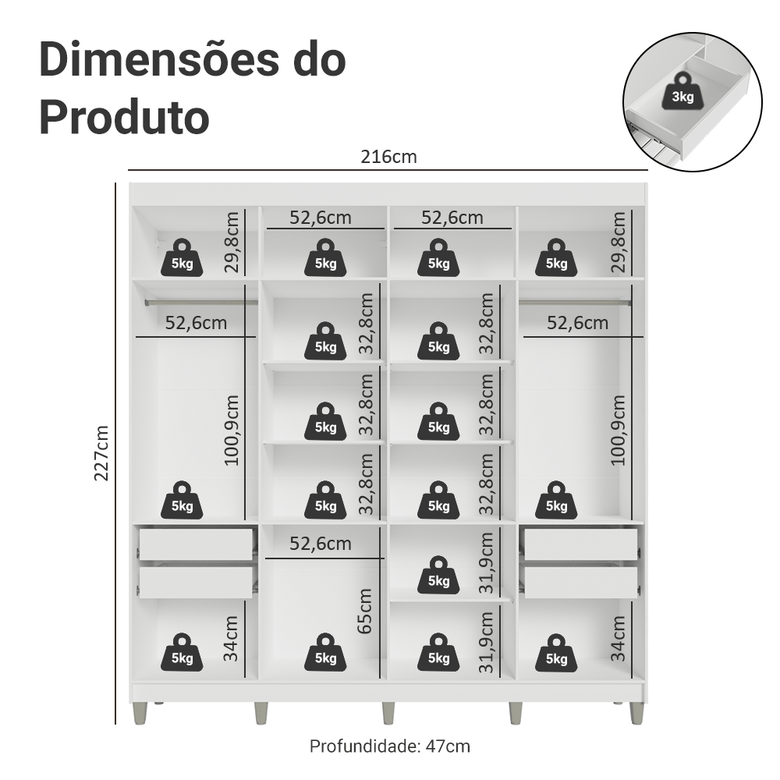 Guarda-Roupa Casal com Pés 8 Portas Batentes Branco/Branco/Preto Netuno Madesa