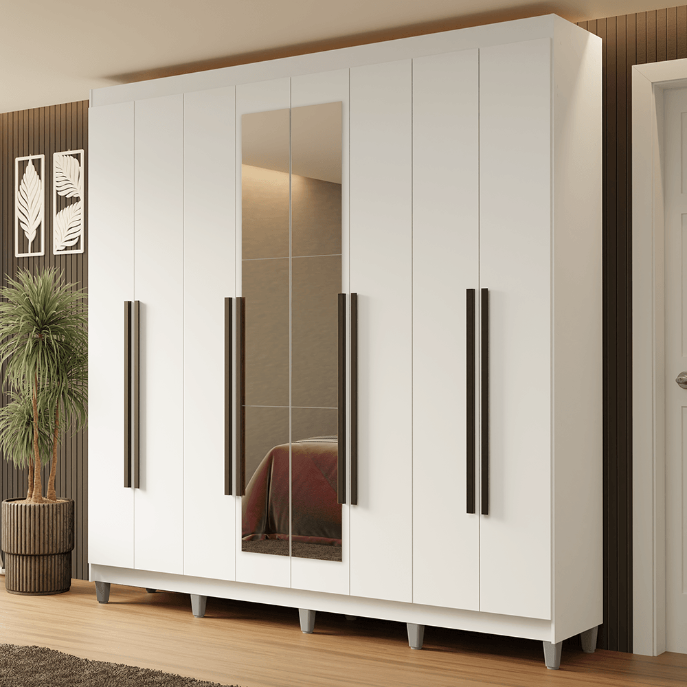 Guarda-Roupa Casal com Pés 8 Portas Batentes com Espelho Branco/Branco/Preto Netuno Madesa - Branco/Branco/Rustic