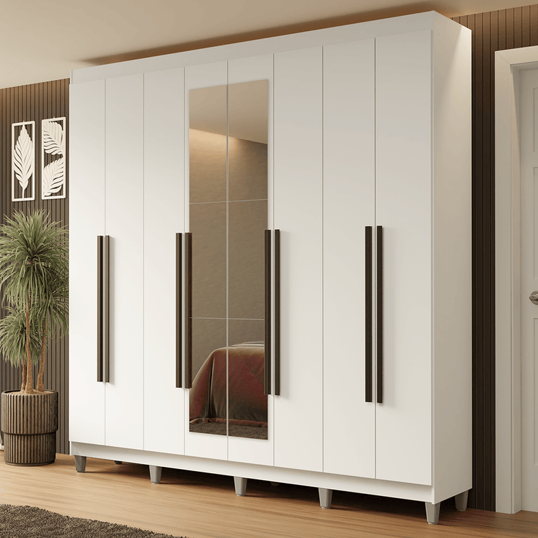 Guarda-Roupa Casal com Pés 8 Portas Batentes com Espelho Branco/Branco/Preto Netuno Madesa