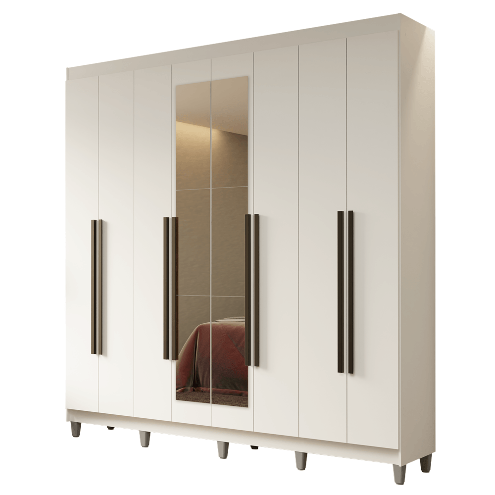 Guarda-Roupa Casal com Pés 8 Portas Batentes com Espelho Branco/Branco/Preto Netuno Madesa - Branco/Branco/Rustic