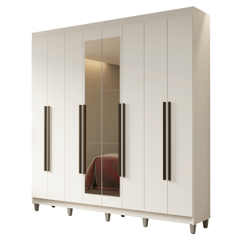 Guarda-Roupa Casal com Pés 8 Portas Batentes com Espelho Branco/Branco/Preto Netuno Madesa