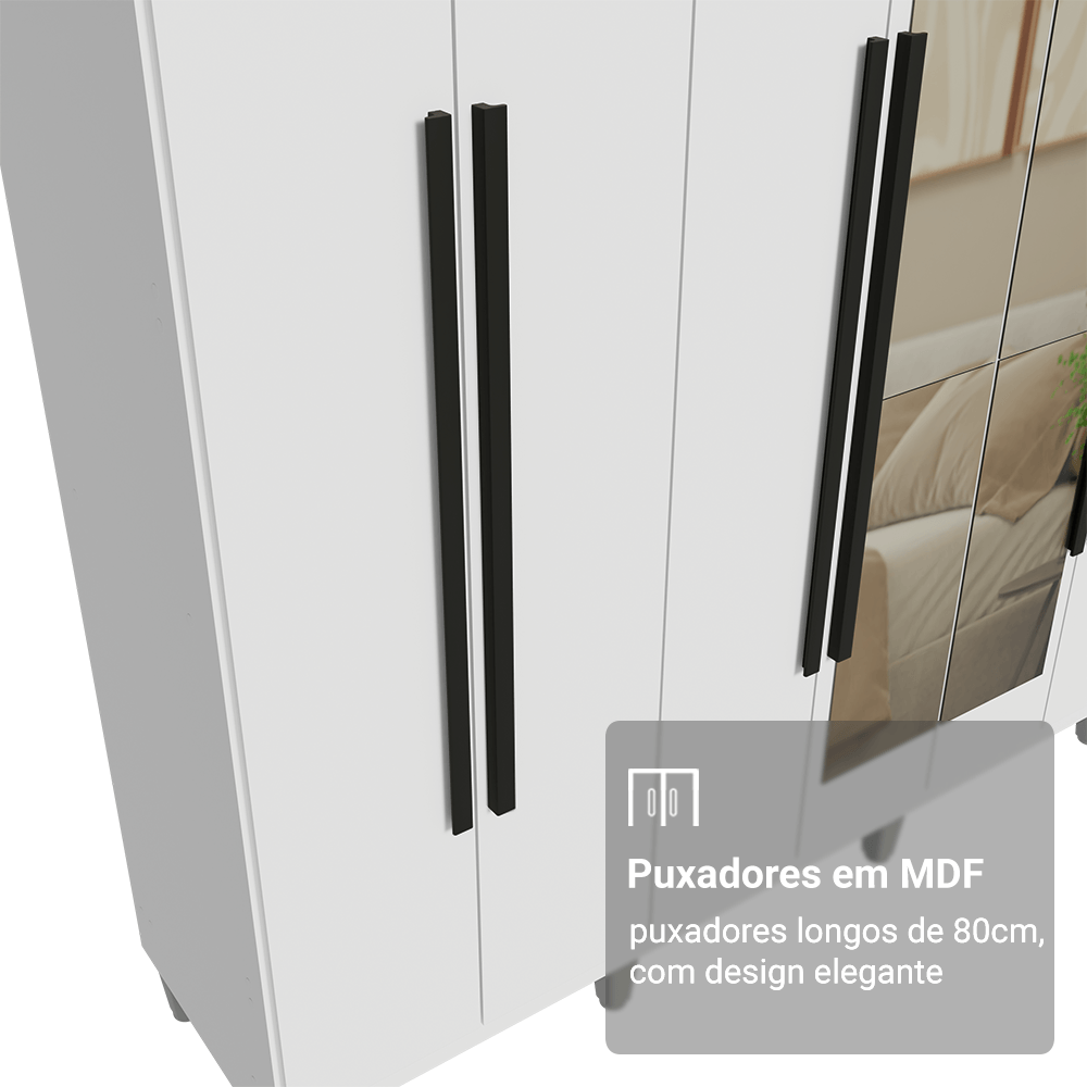 Guarda-Roupa Casal com Pés 8 Portas Batentes com Espelho Branco/Branco/Preto Netuno Madesa