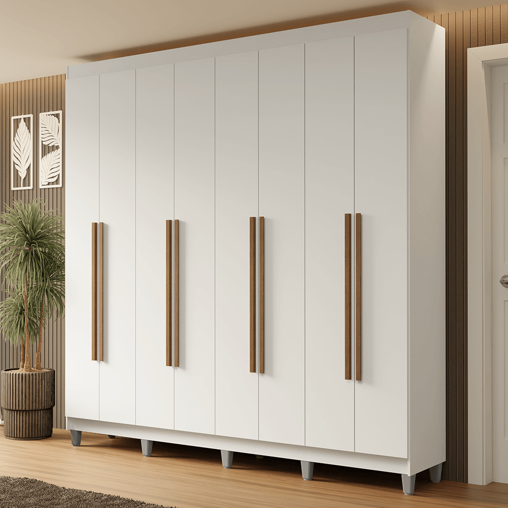 Guarda-Roupa Casal com Pés 8 Portas Batentes Branco/Branco/Rustic Netuno Madesa - Branco/Branco/Rustic