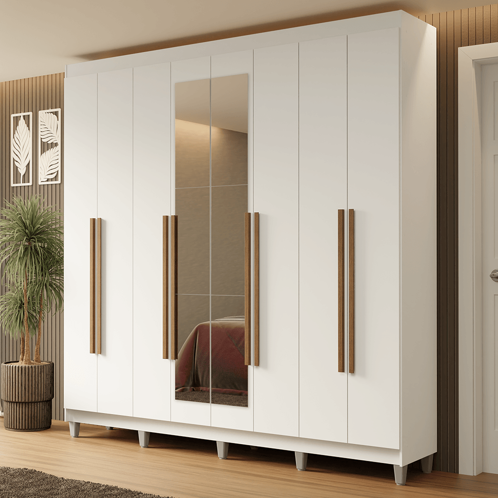 Guarda-Roupa Casal com Pés 8 Portas Batentes com Espelho Branco/Branco/Rustic Netuno Madesa - Branco/Preto/Preto