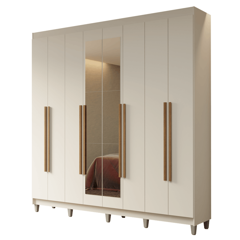 Guarda-Roupa Casal com Pés 8 Portas Batentes com Espelho Branco/Branco/Rustic Netuno Madesa