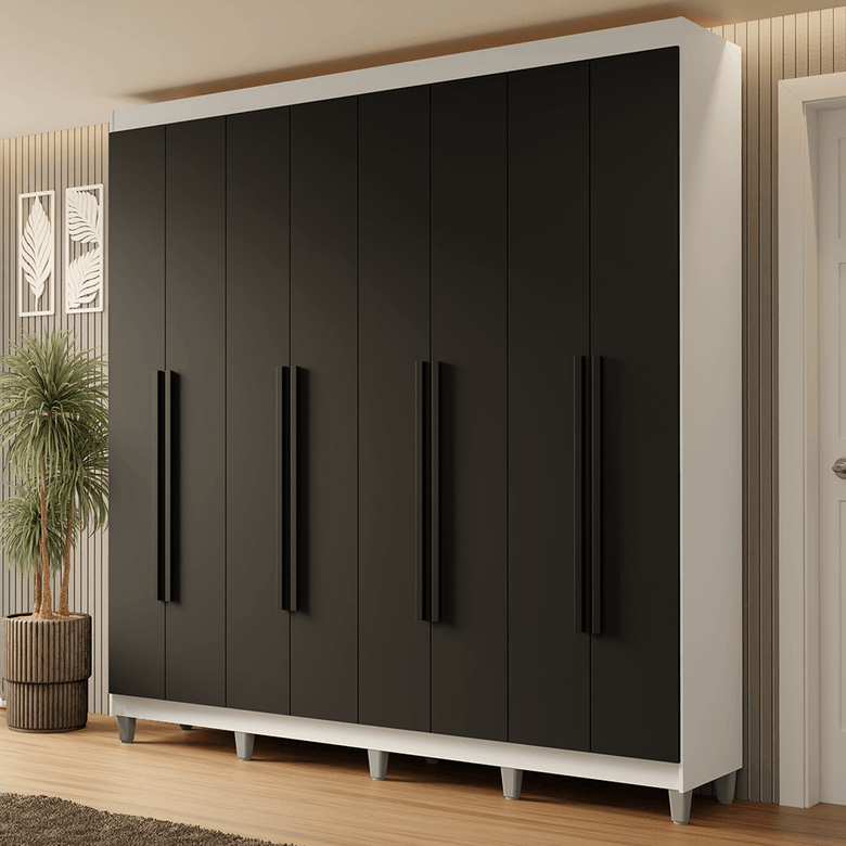Guarda-Roupa Casal com Pés 8 Portas Batentes Branco/Preto/Preto Netuno Madesa