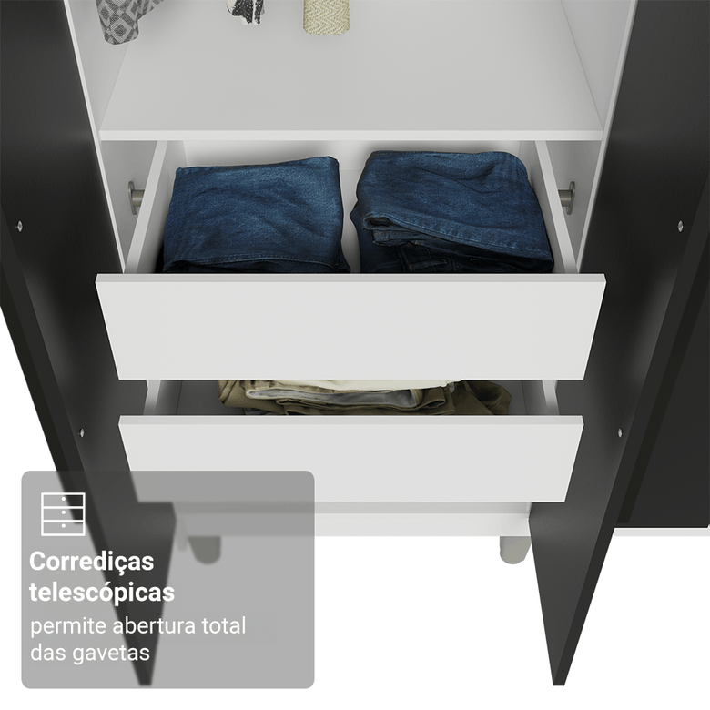Guarda-Roupa Casal com Pés 8 Portas Batentes Branco/Preto/Preto Netuno Madesa