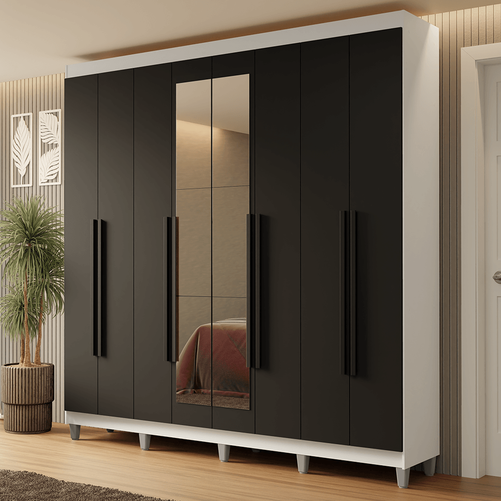 Guarda-Roupa Casal com Pés 8 Portas Batentes com Espelho Branco/Preto/Preto Netuno Madesa - Rustic/Branco/Rustic