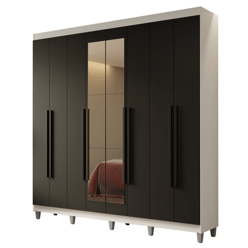 Guarda-Roupa Casal com Pés 8 Portas Batentes com Espelho Branco/Preto/Preto Netuno Madesa - Rustic/Branco/Rustic