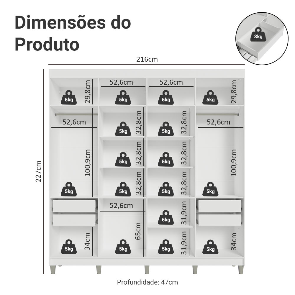Guarda-Roupa Casal com Pés 8 Portas Batentes com Espelho Branco/Preto/Preto Netuno Madesa
