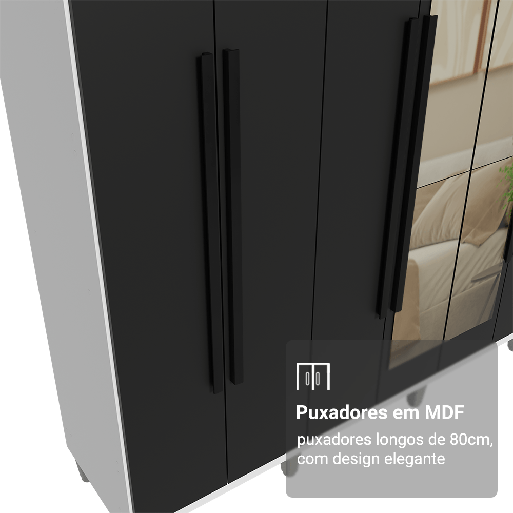 Guarda-Roupa Casal com Pés 8 Portas Batentes com Espelho Branco/Preto/Preto Netuno Madesa