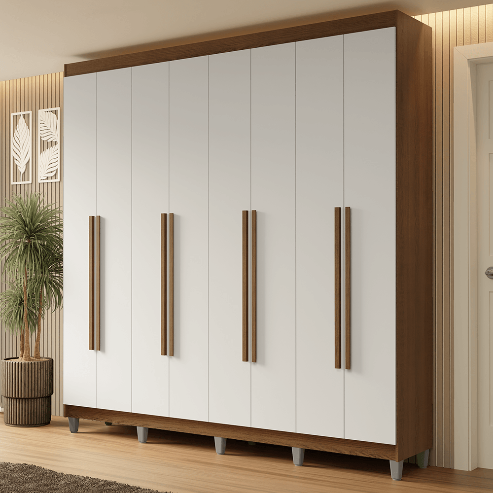 Guarda-Roupa Casal com Pés 8 Portas Batentes Rustic/Branco/Rustic Netuno Madesa - Rustic/Branco/Rustic