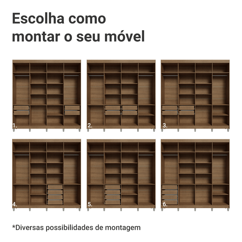 Guarda-Roupa Casal com Pés 8 Portas Batentes Rustic/Branco/Rustic Netuno Madesa