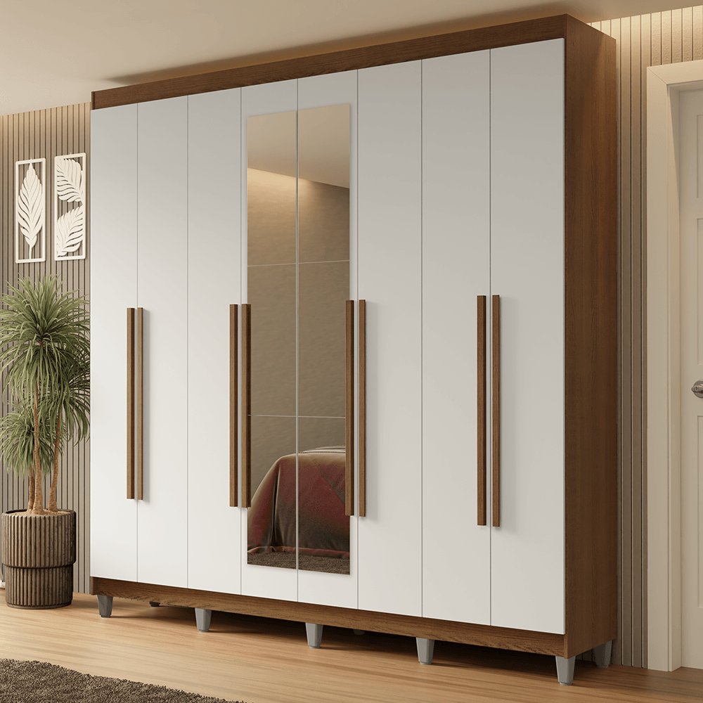 Guarda-Roupa Casal com Pés 8 Portas Batentes com Espelho Rustic/Branco/Rustic Netuno Madesa - Rustic/Crema/Rustic