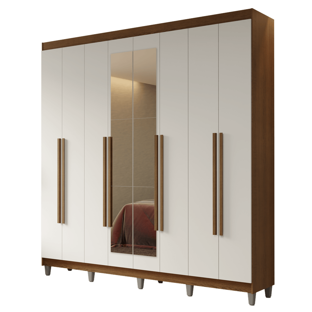 Guarda-Roupa Casal com Pés 8 Portas Batentes com Espelho Rustic/Branco/Rustic Netuno Madesa - Rustic/Crema/Rustic
