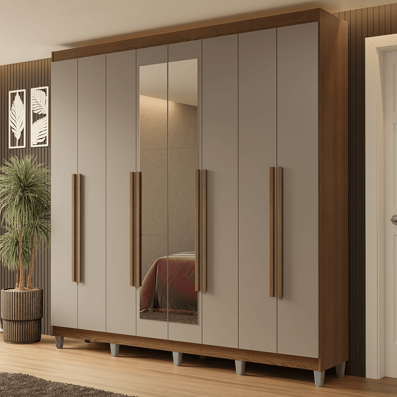 Guarda-Roupa Casal com Pés 8 Portas Batentes com Espelho Rustic/Crema/Rustic Netuno Madesa