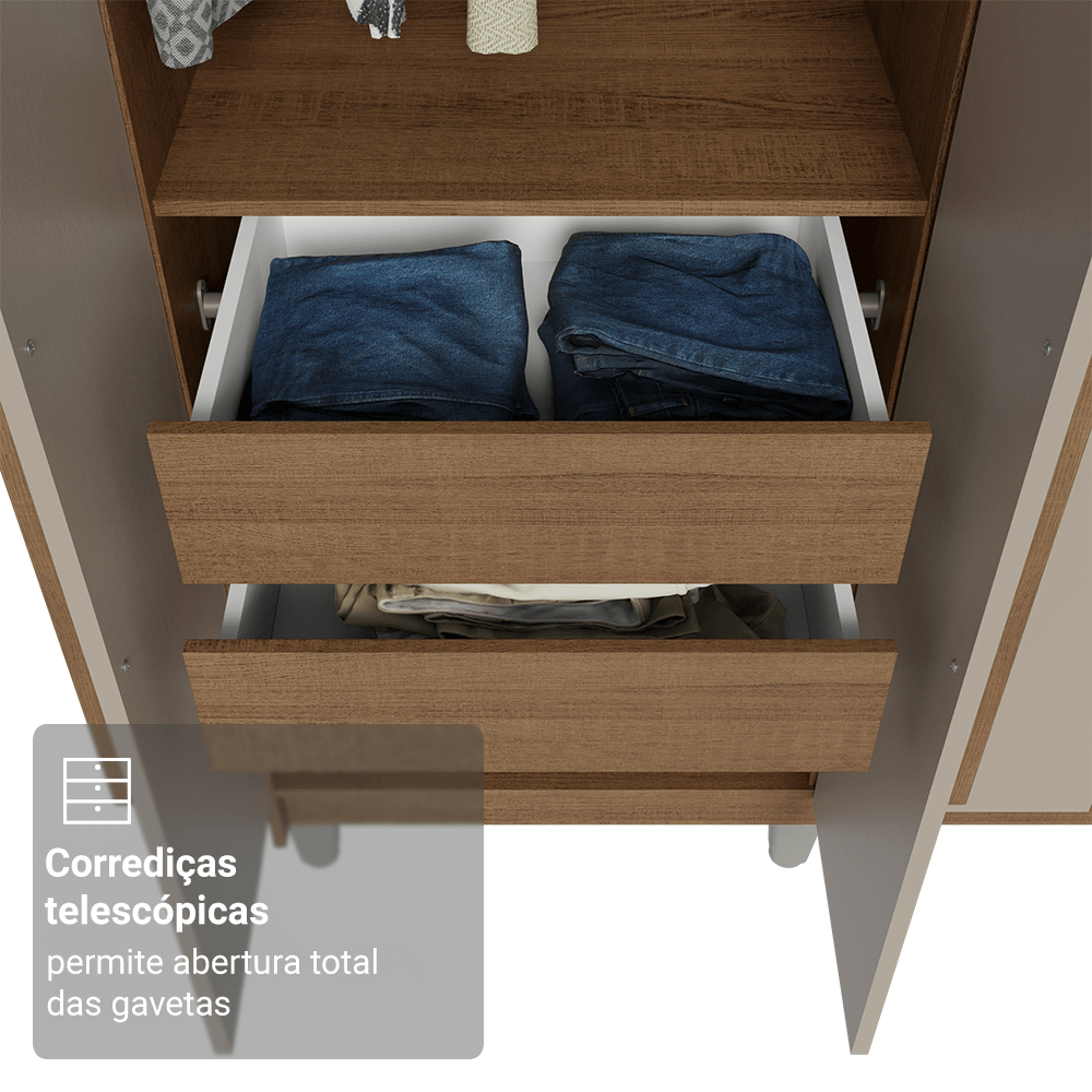 Guarda-Roupa Casal com Pés 8 Portas Batentes com Espelho Rustic/Crema/Rustic Netuno Madesa