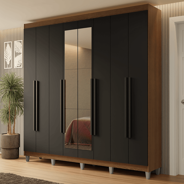 Guarda-Roupa Casal com Pés 8 Portas Batentes com Espelho Rustic/Preto/Preto Netuno Madesa