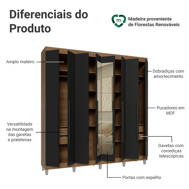 Guarda-Roupa Casal com Pés 8 Portas Batentes com Espelho Rustic/Preto/Preto Netuno Madesa