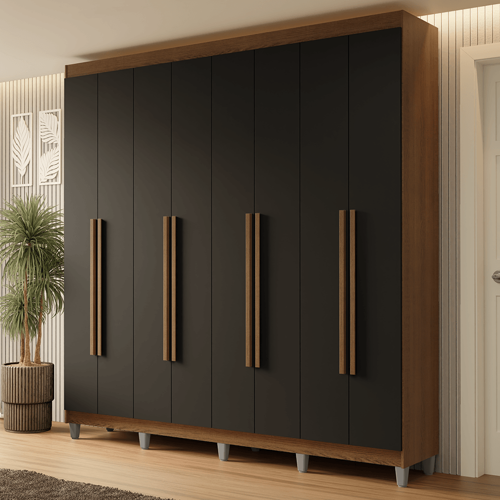 Guarda-Roupa Casal com Pés 8 Portas Batentes Rustic/Preto/Rustic Netuno Madesa - Rustic/Preto/Rustic