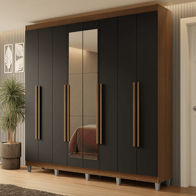 Guarda-Roupa Casal com Pés 8 Portas Batentes com Espelho Rustic/Preto/Rustic Netuno Madesa