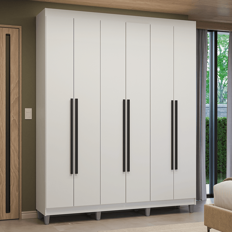 Guarda-Roupa Casal com Pés 6 Portas Batentes Branco/Branco/Preto Venus Madesa