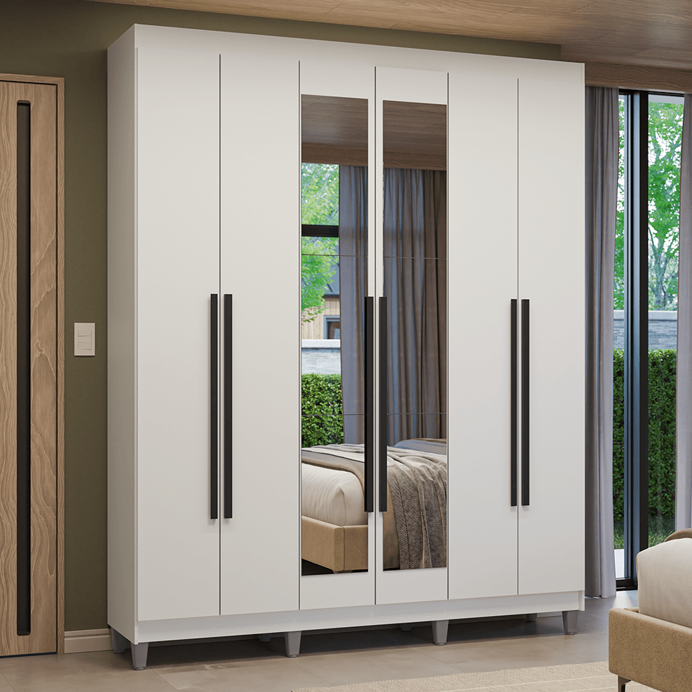Guarda-Roupa Casal com Pés 6 Portas Batentes com Espelho Branco/Branco/Preto Venus Madesa - Branco/Branco/Rustic