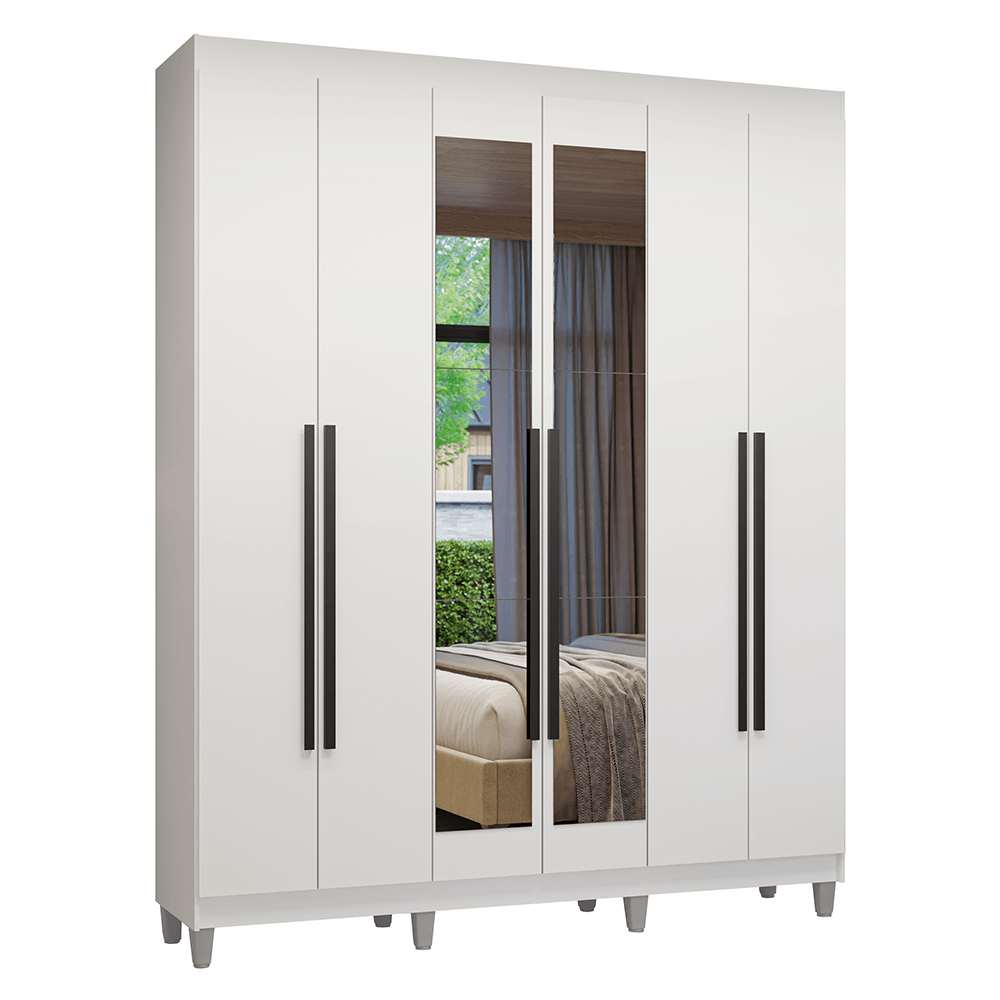 Guarda-Roupa Casal com Pés 6 Portas Batentes com Espelho Branco/Branco/Preto Venus Madesa - Branco/Branco/Rustic