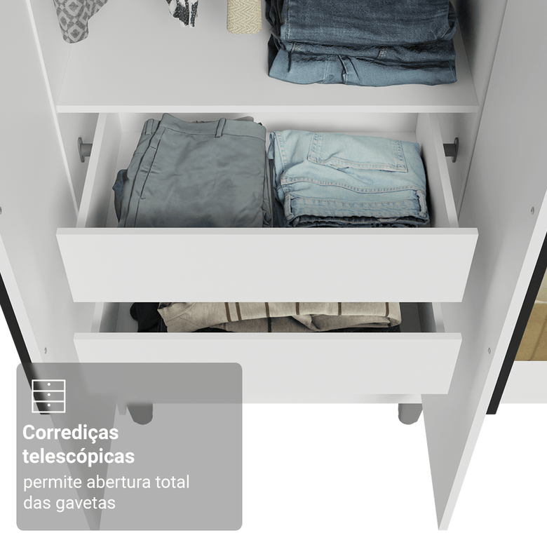 Guarda-Roupa Casal com Pés 6 Portas Batentes com Espelho Branco/Branco/Preto Venus Madesa