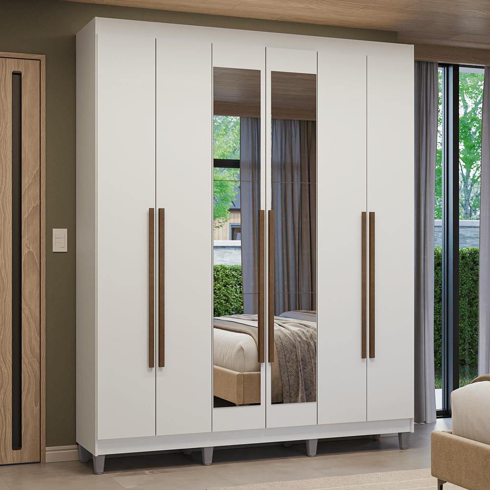 Guarda-Roupa Casal com Pés 6 Portas Batentes com Espelho Branco/Branco/Rustic Venus Madesa - Branco/Preto/Preto