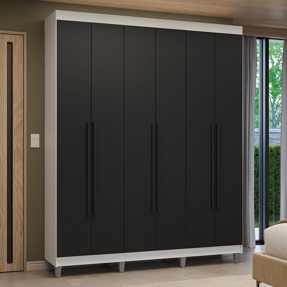 Guarda-Roupa Casal com Pés 6 Portas Batentes Branco/Preto/Preto Venus Madesa - Branco/Preto/Preto