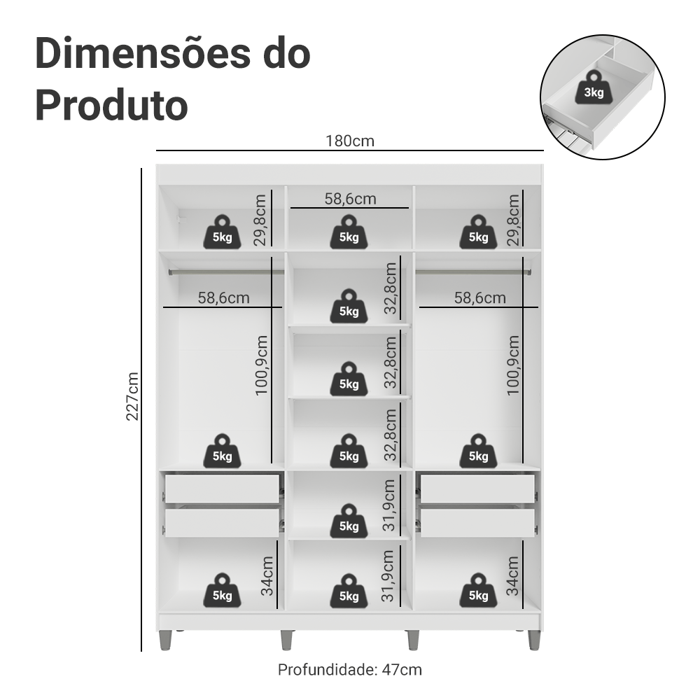 Guarda-Roupa Casal com Pés 6 Portas Batentes Branco/Preto/Preto Venus Madesa