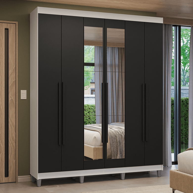 Guarda-Roupa Casal com Pés 6 Portas Batentes com Espelho Branco/Preto/Preto Venus Madesa
