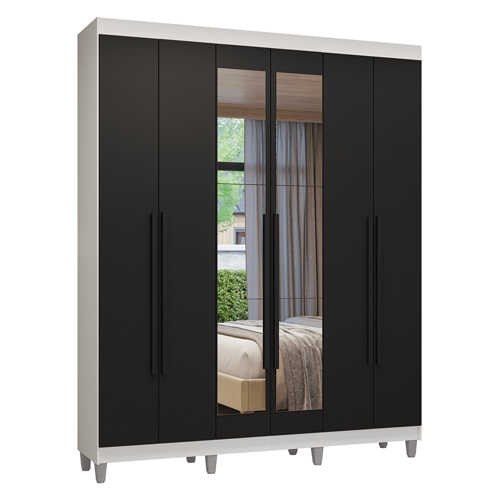 Guarda-Roupa Casal com Pés 6 Portas Batentes com Espelho Branco/Preto/Preto Venus Madesa - Rustic/Branco/Rustic
