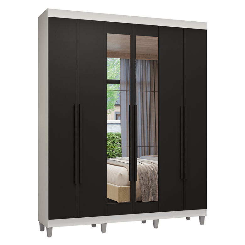 Guarda-Roupa Casal com Pés 6 Portas Batentes com Espelho Branco/Preto/Preto Venus Madesa