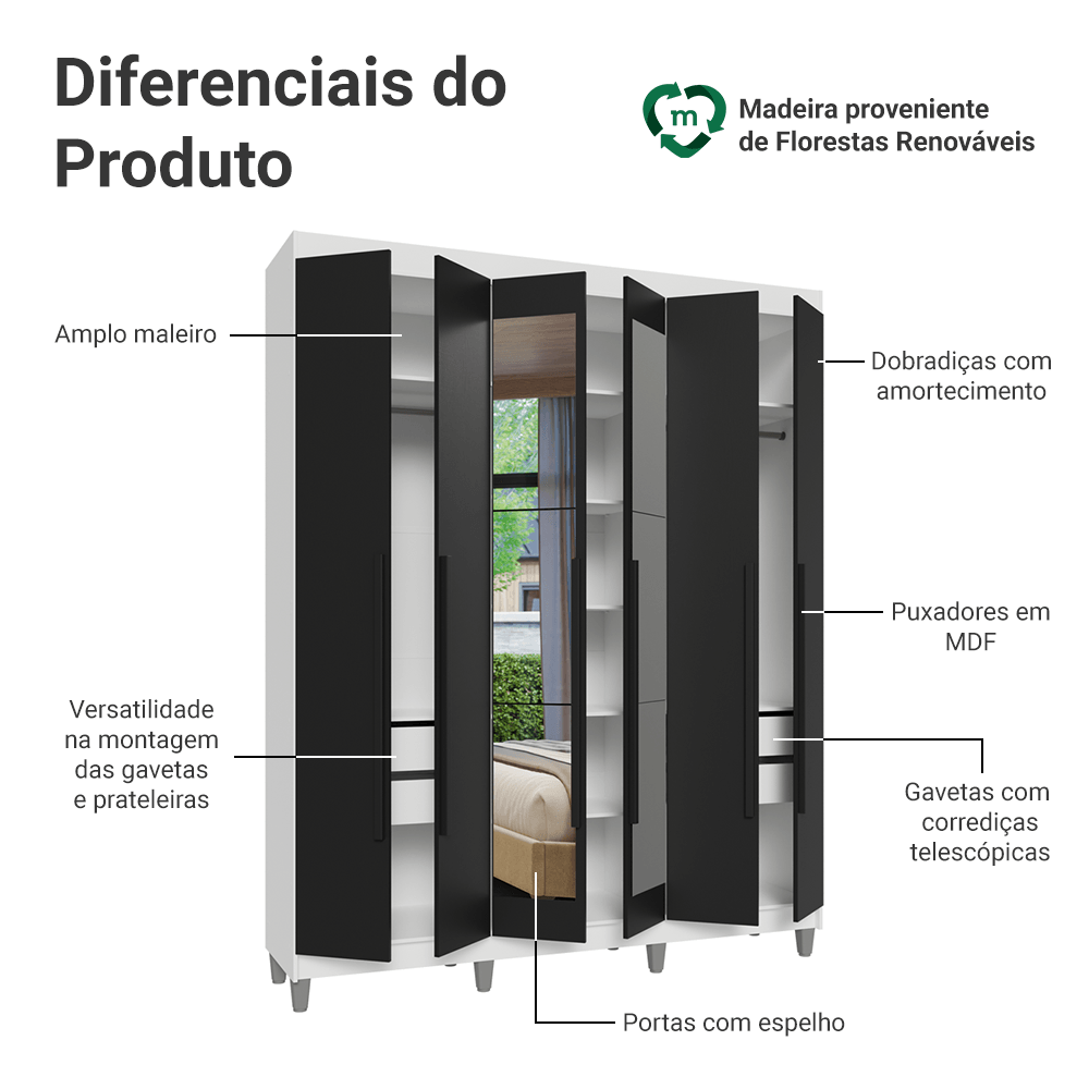 Guarda-Roupa Casal com Pés 6 Portas Batentes com Espelho Branco/Preto/Preto Venus Madesa