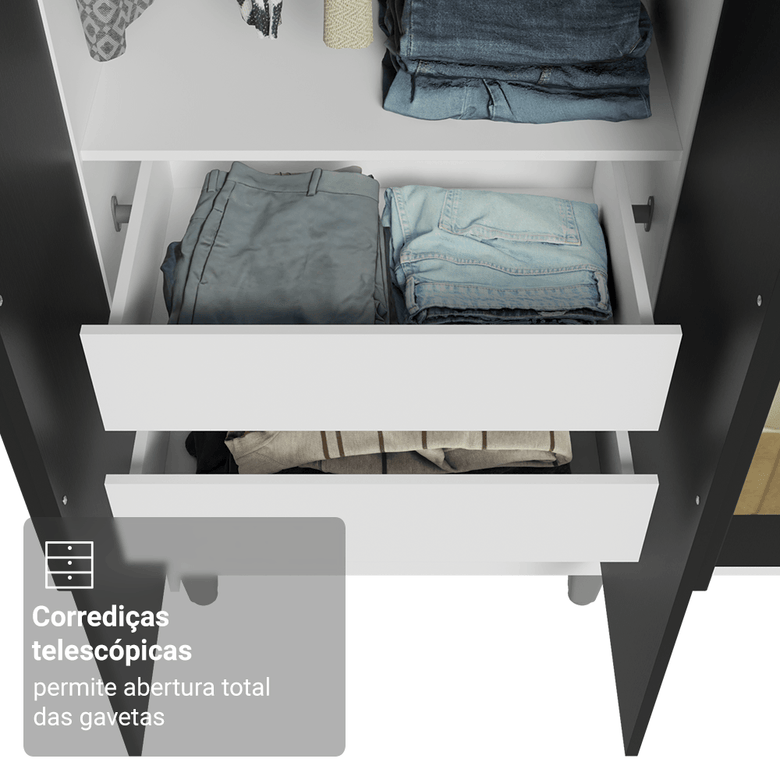 Guarda-Roupa Casal com Pés 6 Portas Batentes com Espelho Branco/Preto/Preto Venus Madesa