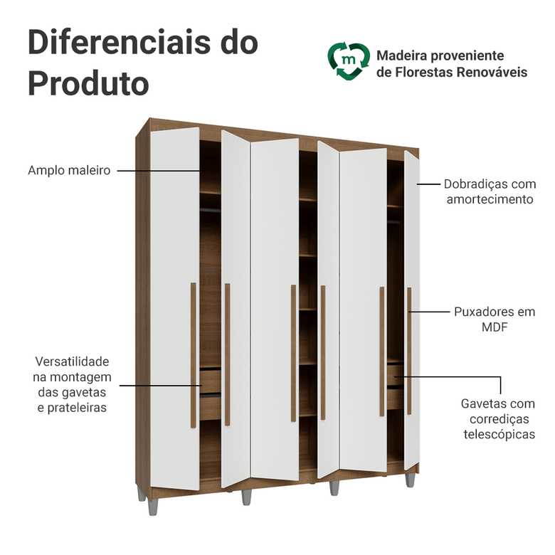 Guarda-Roupa Casal com Pés 6 Portas Batentes Rustic/Branco/Rustic Venus Madesa