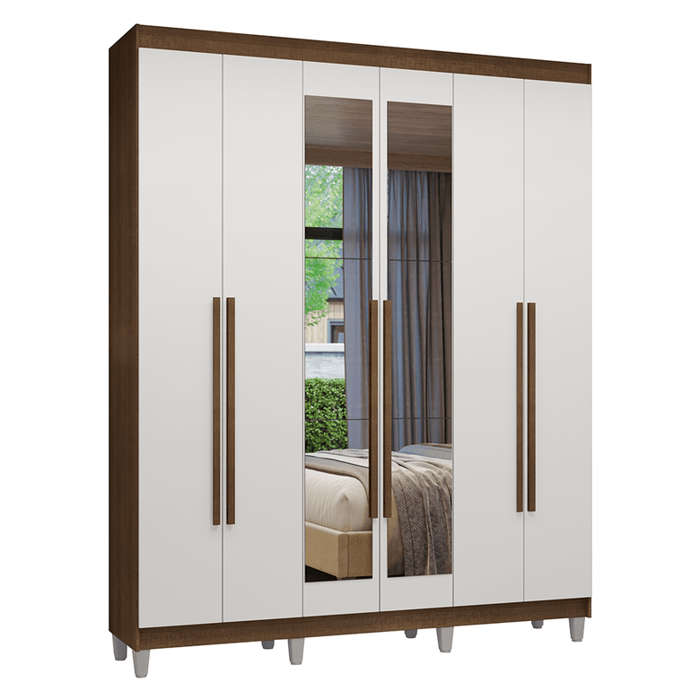 Guarda-Roupa Casal com Pés 6 Portas Batentes com Espelho Rustic/Branco/Rustic Venus Madesa