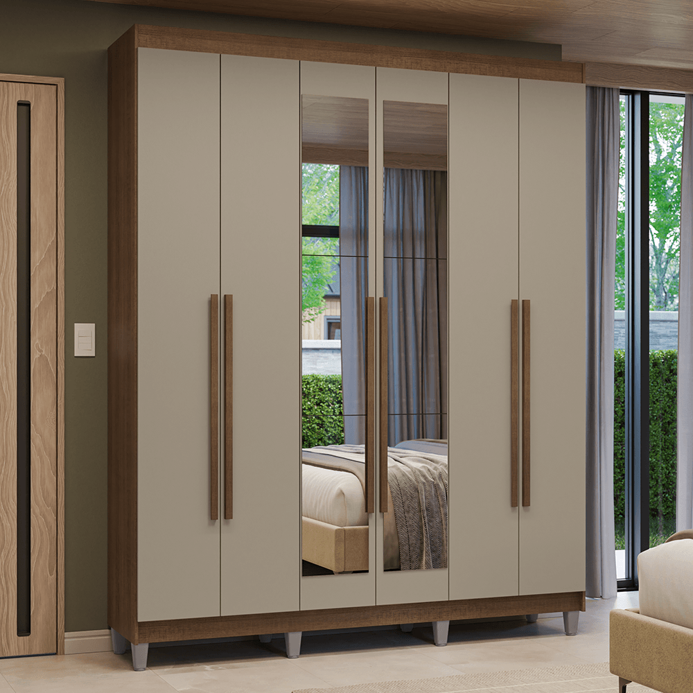 Guarda-Roupa Casal com Pés 6 Portas Batentes com Espelho Rustic/Crema/Rustic Venus Madesa - Rustic/Preto/Preto