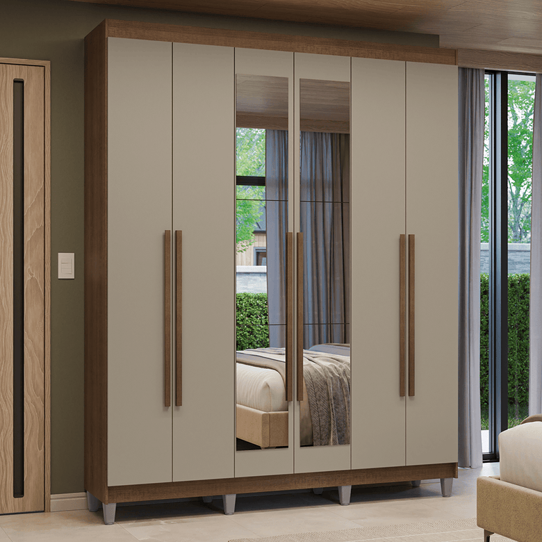 Guarda-Roupa Casal com Pés 6 Portas Batentes com Espelho Rustic/Crema/Rustic Venus Madesa