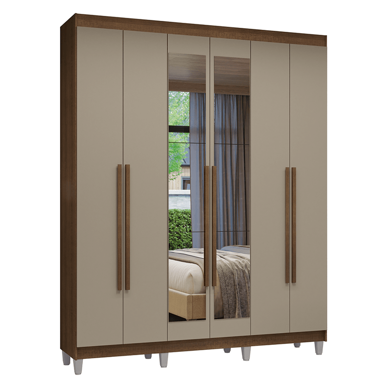 Guarda-Roupa Casal com Pés 6 Portas Batentes com Espelho Rustic/Crema/Rustic Venus Madesa