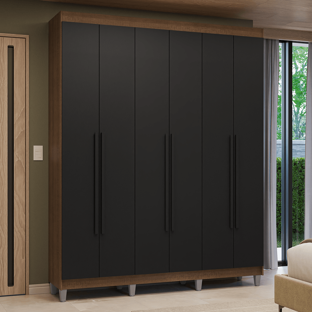 Guarda-Roupa Casal com Pés 6 Portas Batentes Rustic/Preto/Preto Venus Madesa - Rustic/Preto/Preto