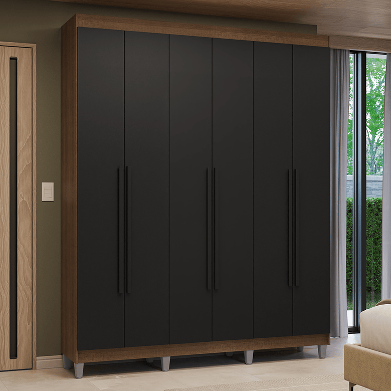 Guarda-Roupa Casal com Pés 6 Portas Batentes Rustic/Preto/Preto Venus Madesa