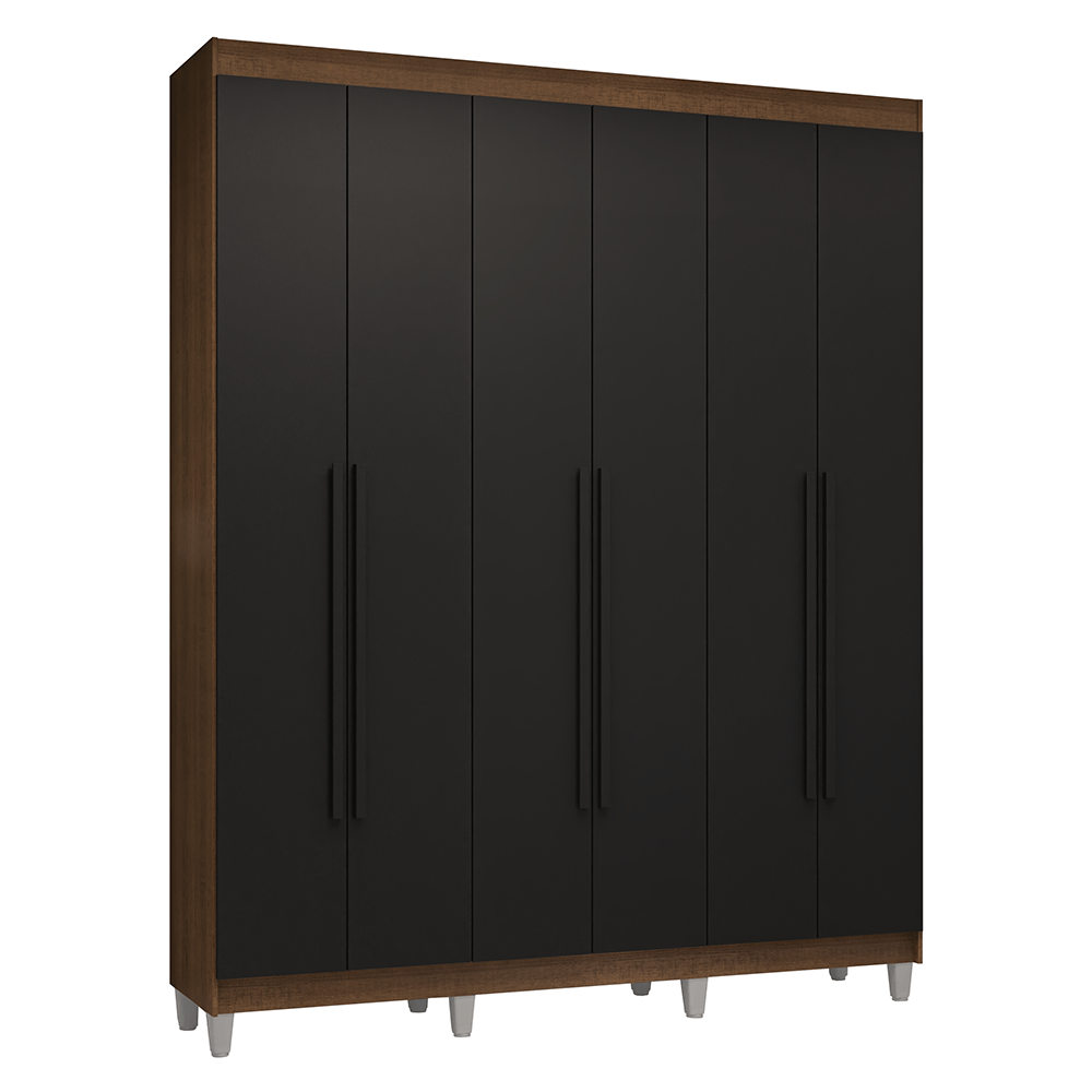 Guarda-Roupa Casal com Pés 6 Portas Batentes Rustic/Preto/Preto Venus Madesa - Rustic/Preto/Preto