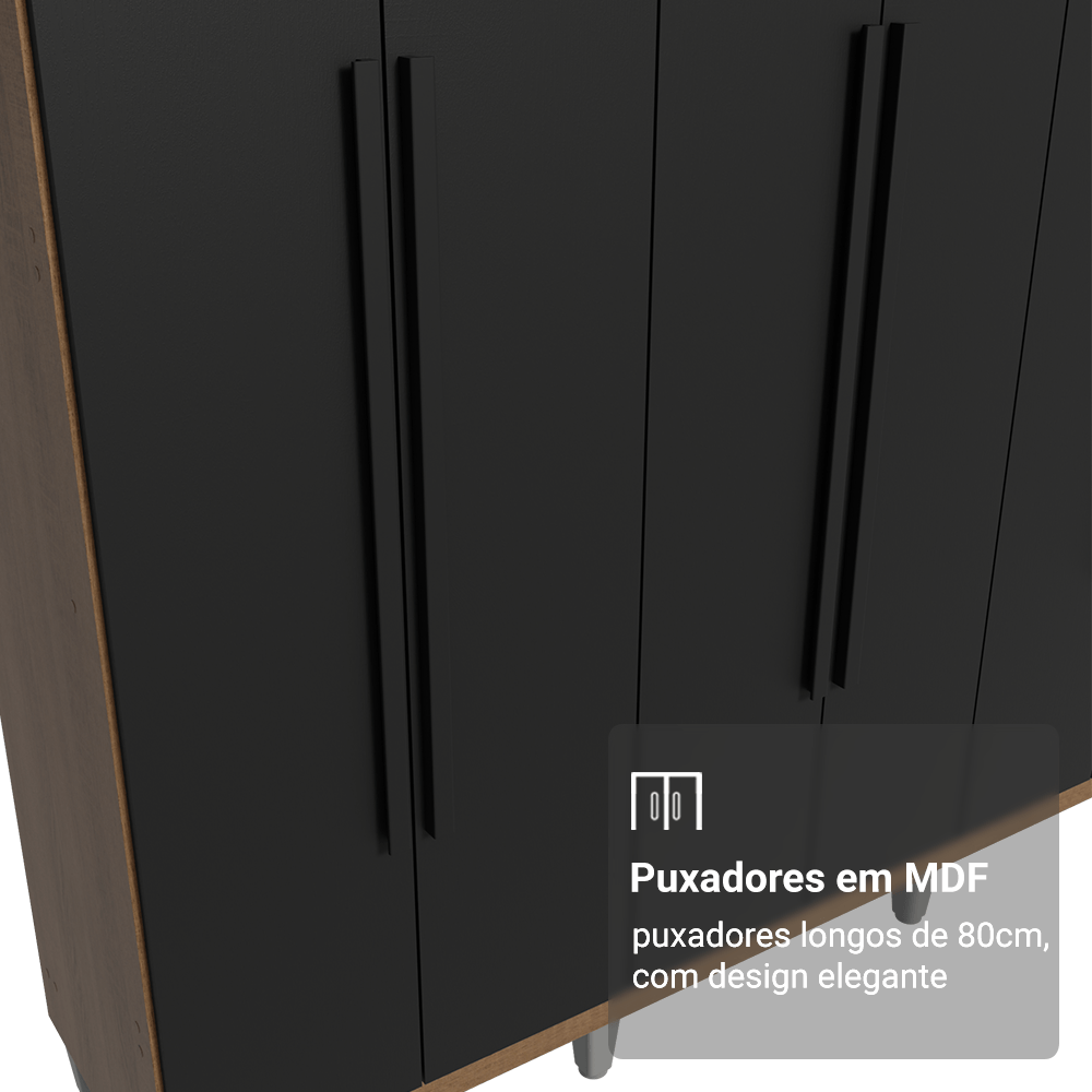 Guarda-Roupa Casal com Pés 6 Portas Batentes Rustic/Preto/Preto Venus Madesa