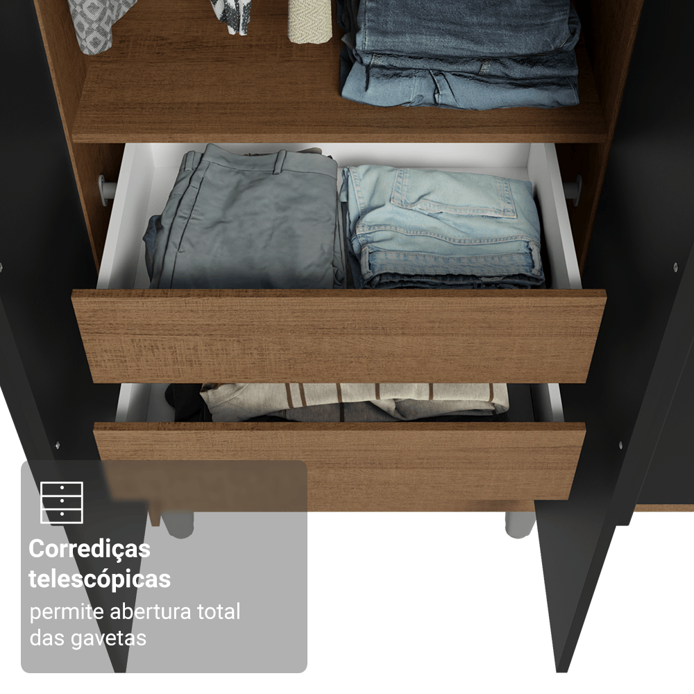 Guarda-Roupa Casal com Pés 6 Portas Batentes Rustic/Preto/Preto Venus Madesa