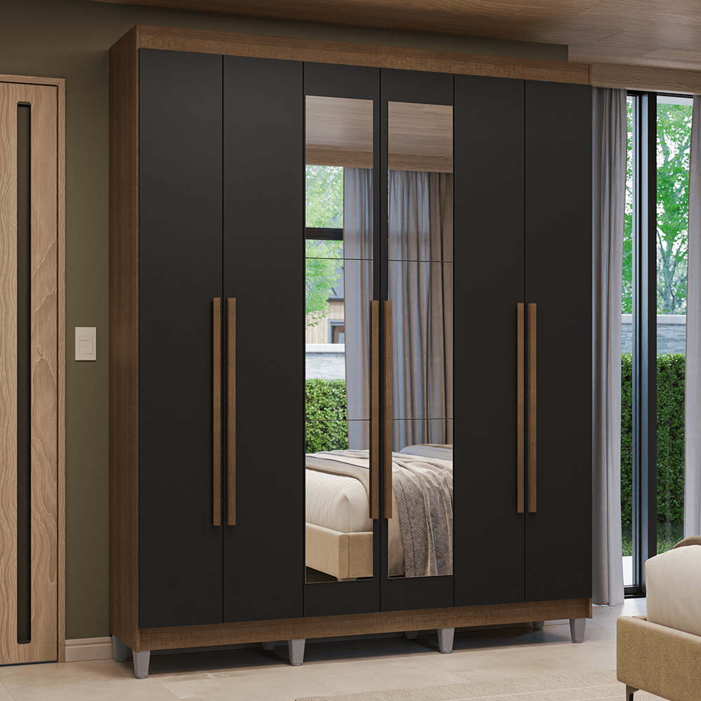 Guarda-Roupa Casal com Pés 6 Portas Batentes com Espelho Rustic/Preto/Rustic Venus Madesa - Branco/Branco/Preto